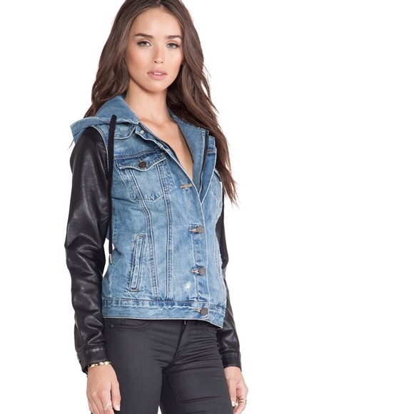 blue jean jacket with leather sleeves